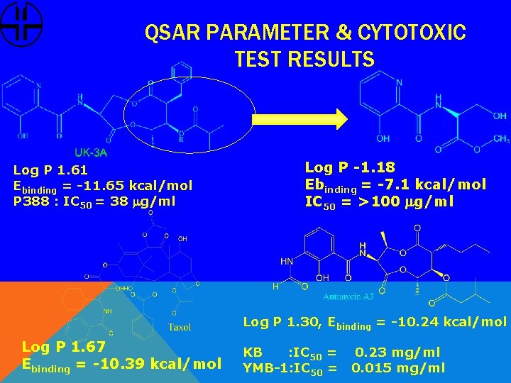 QSAR PARAMETER & CYTOTOXIC TEST RESULTS Log P 1. 61 Ebinding = -11. 65