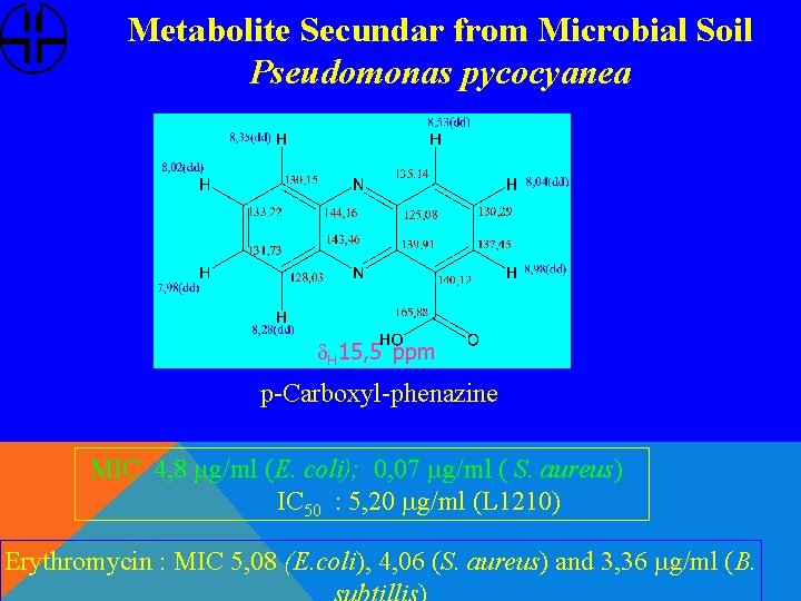 Metabolite Secundar from Microbial Soil Pseudomonas pycocyanea d. H 15, 5 ppm p-Carboxyl-phenazine MIC