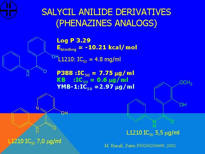 SALYCIL ANILIDE DERIVATIVES (PHENAZINES ANALOGS) Log P 3. 29 Ebinding = -10. 21 kcal/mol