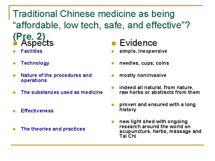 Traditional Chinese medicine as being “affordable, low tech, safe, and effective”? (Pre. 2) n