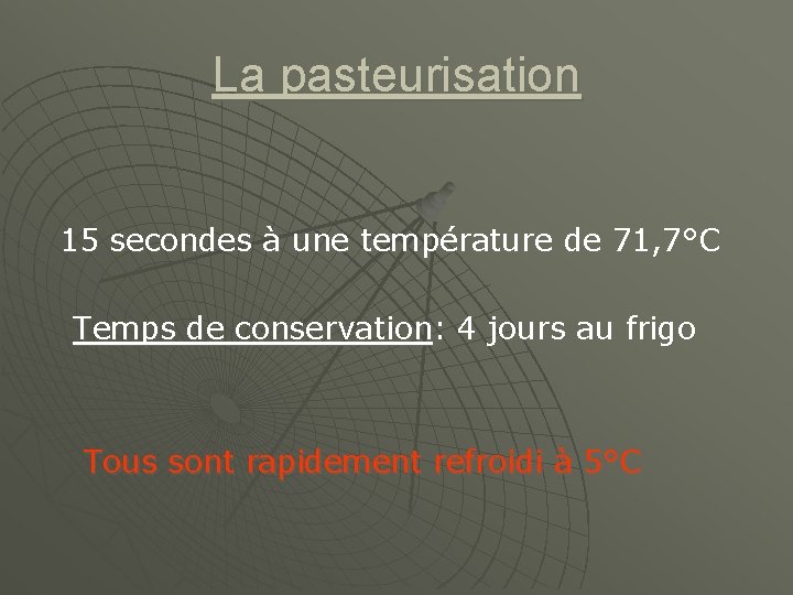 La pasteurisation 15 secondes à une température de 71, 7°C Temps de conservation: 4