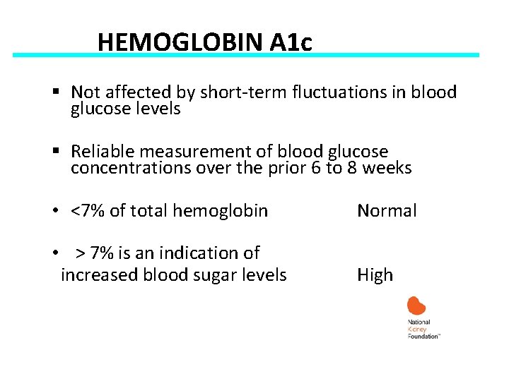  HEMOGLOBIN A 1 c § Not affected by short-term fluctuations in blood glucose