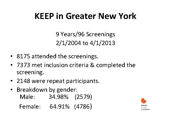 KEEP in Greater New York 9 Years/96 Screenings 2/1/2004 to 4/1/2013 • 8175 attended