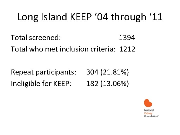 Long Island KEEP ‘ 04 through ‘ 11 Total screened: 1394 Total who met