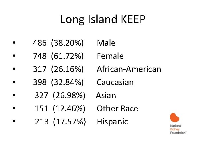 Long Island KEEP • • 486 (38. 20%) Male 748 (61. 72%) Female 317