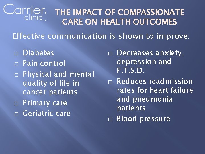 THE IMPACT OF COMPASSIONATE CARE ON HEALTH OUTCOMES Effective communication is shown to improve: