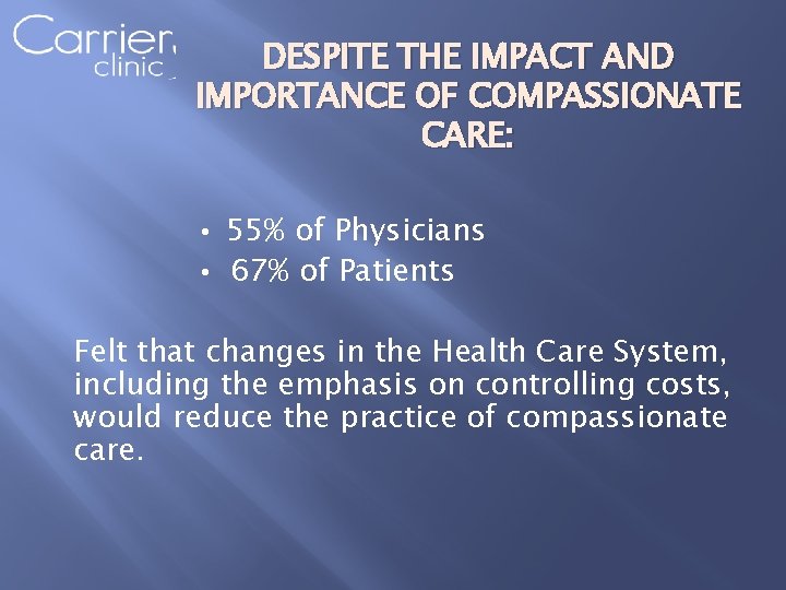 DESPITE THE IMPACT AND IMPORTANCE OF COMPASSIONATE CARE: 55% of Physicians • 67% of