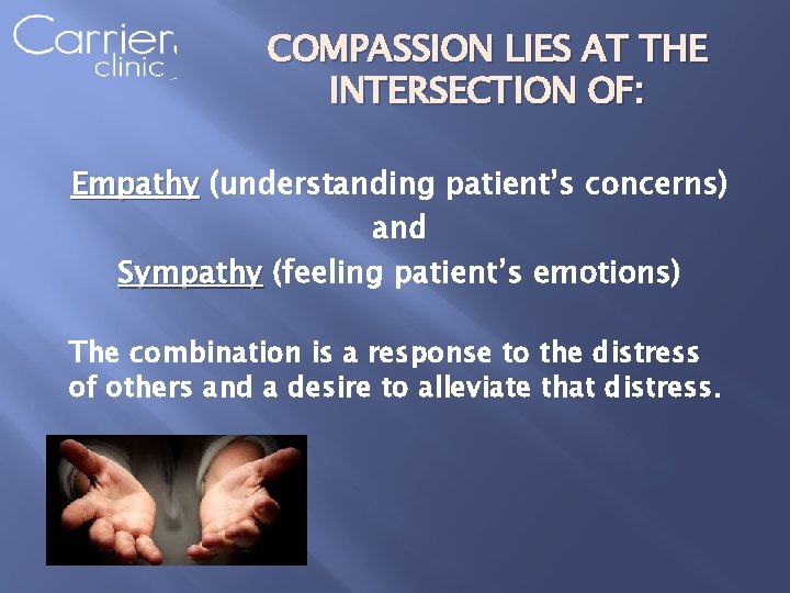 COMPASSION LIES AT THE INTERSECTION OF: Empathy (understanding patient’s concerns) and Sympathy (feeling patient’s