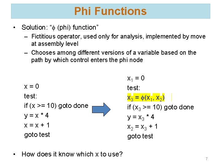 Phi Functions • Solution: “f (phi) function” – Fictitious operator, used only for analysis,