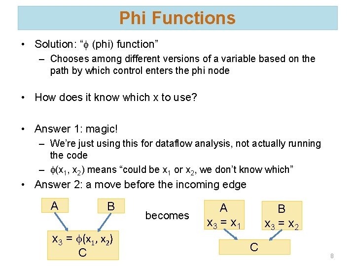 Phi Functions • Solution: “f (phi) function” – Chooses among different versions of a