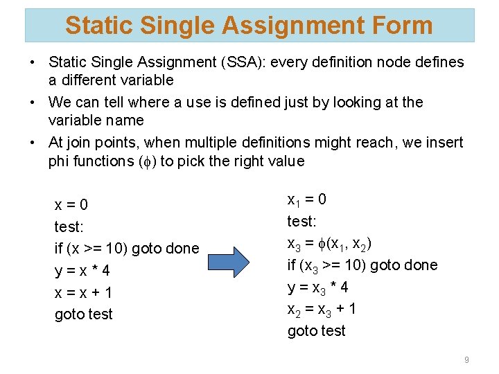 Static Single Assignment Form • Static Single Assignment (SSA): every definition node defines a