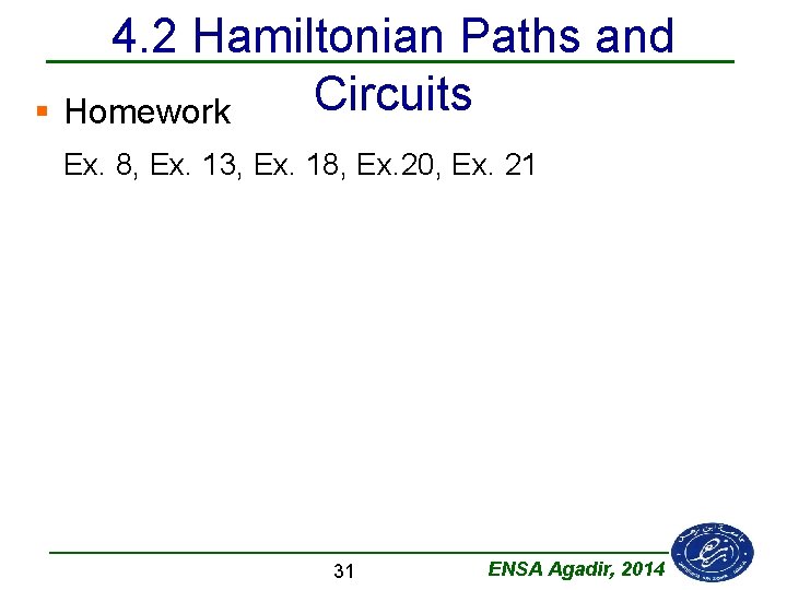 4. 2 Hamiltonian Paths and Circuits § Homework Ex. 8, Ex. 13, Ex. 18,