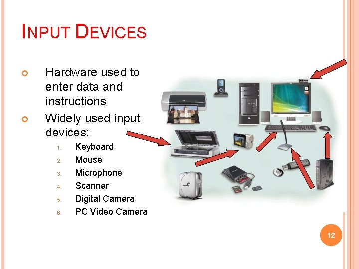 INPUT DEVICES Hardware used to enter data and instructions Widely used input devices: 1.