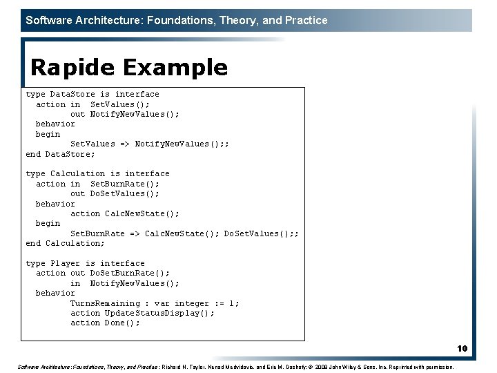 Software Architecture: Foundations, Theory, and Practice Rapide Example type Data. Store is interface action