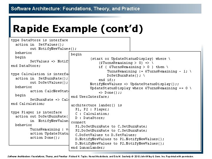 Software Architecture: Foundations, Theory, and Practice Rapide Example (cont’d) type Data. Store is interface