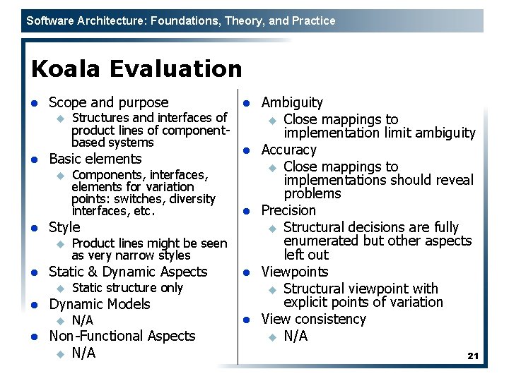 Software Architecture: Foundations, Theory, and Practice Koala Evaluation l Scope and purpose u l