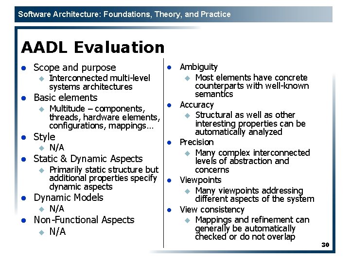 Software Architecture: Foundations, Theory, and Practice AADL Evaluation l Scope and purpose u l