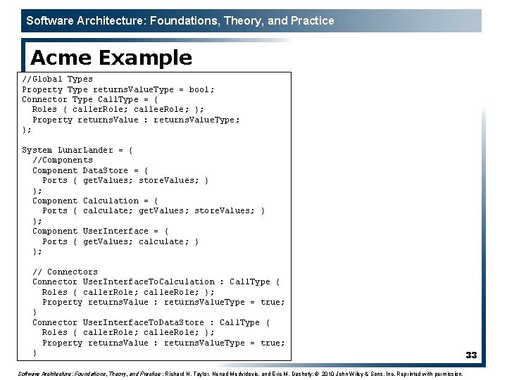 Software Architecture: Foundations, Theory, and Practice Acme Example //Global Types Property Type returns. Value.