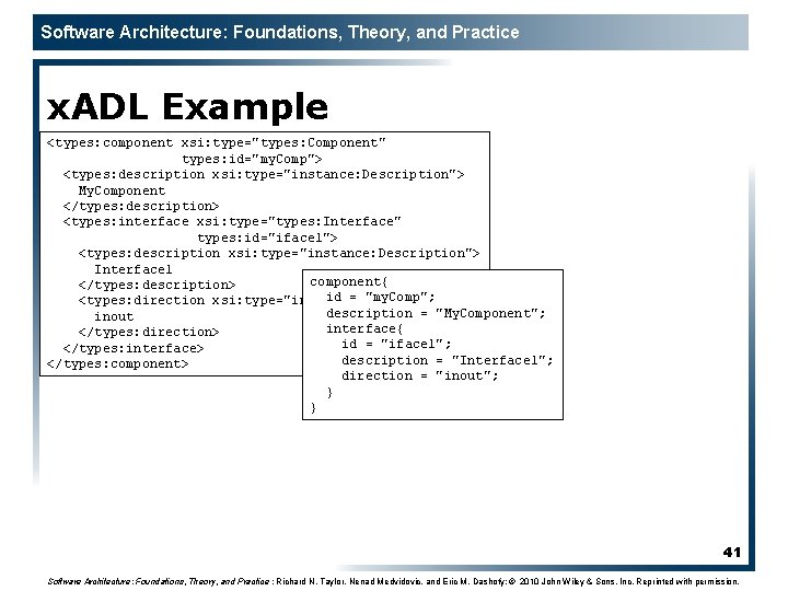 Software Architecture: Foundations, Theory, and Practice x. ADL Example <types: component xsi: type="types: Component"