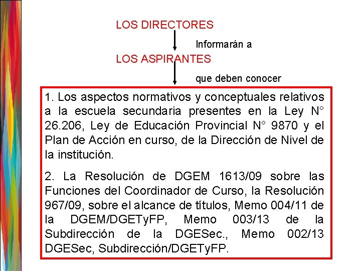 LOS DIRECTORES Informarán a LOS ASPIRANTES que deben conocer 1. Los aspectos normativos y