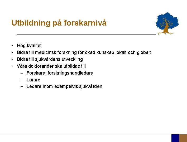 Utbildning på forskarnivå • • Hög kvalitet Bidra till medicinsk forskning för ökad kunskap