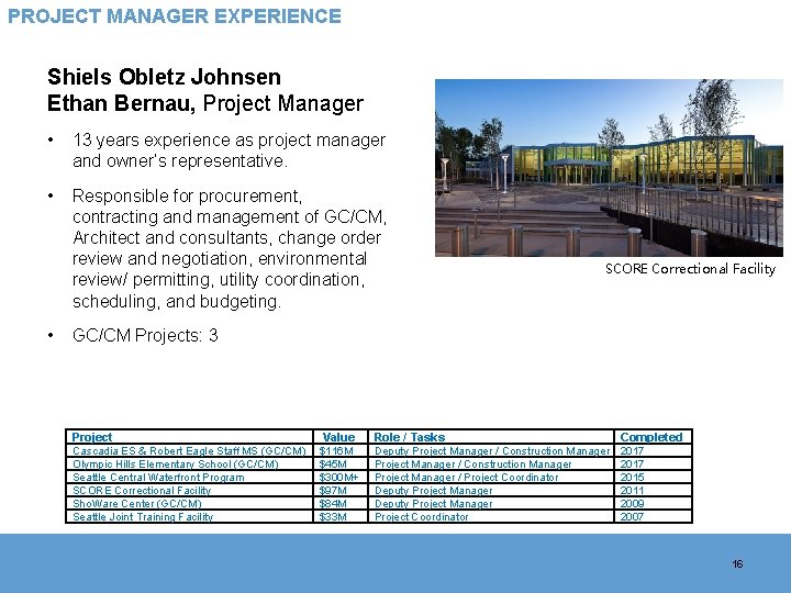 PROJECT MANAGER EXPERIENCE Shiels Obletz Johnsen Ethan Bernau, Project Manager • 13 years experience