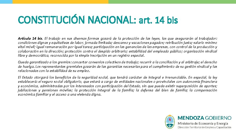 CONSTITUCIÓN NACIONAL: art. 14 bis Artículo 14 bis. El trabajo en sus diversas formas