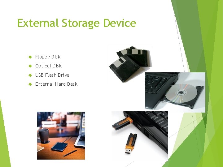 External Storage Device Floppy Disk Optical Disk USB Flash Drive External Hard Desk 23