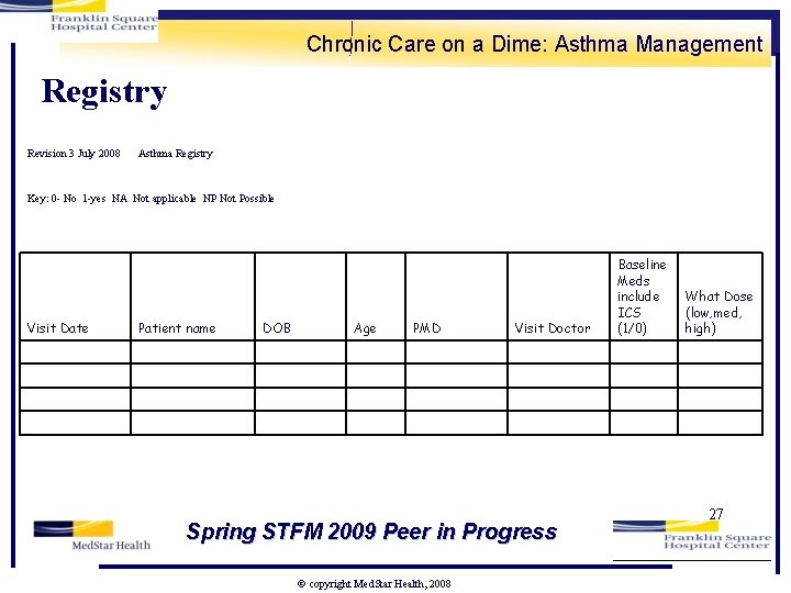 Chronic Care on a Dime: Asthma Management Registry Revision 3 July 2008 Asthma Registry