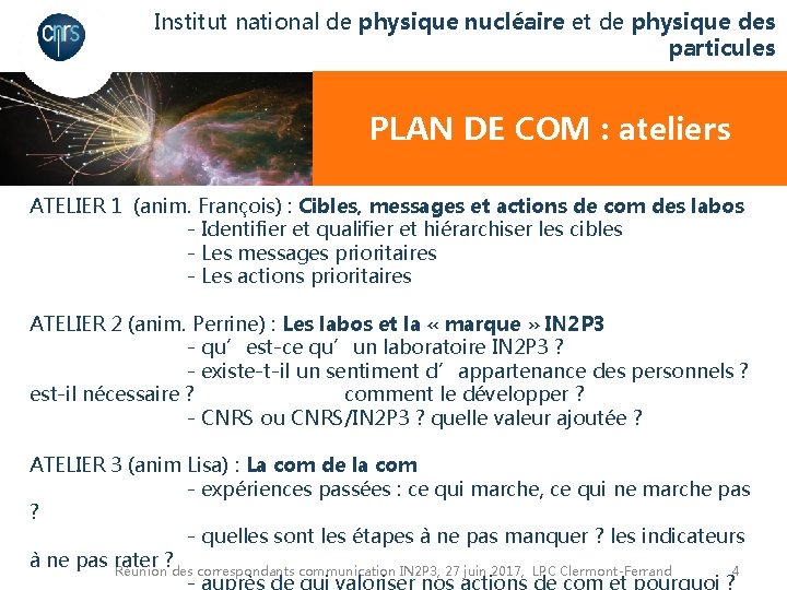 Institut national de physique nucléaire et de physique des particules PLAN DE COM :