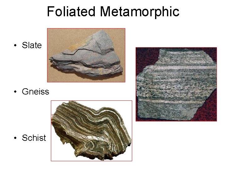 Foliated Metamorphic • Slate • Gneiss • Schist 