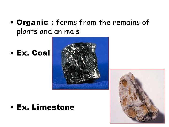  • Organic : forms from the remains of plants and animals • Ex.