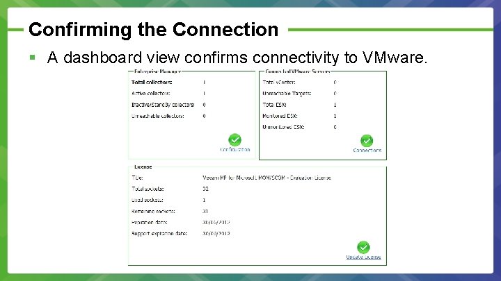 Confirming the Connection § A dashboard view confirms connectivity to VMware. 