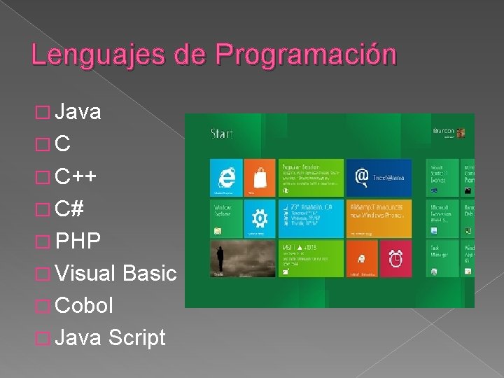 Lenguajes de Programación � Java �C � C++ � C# � PHP � Visual