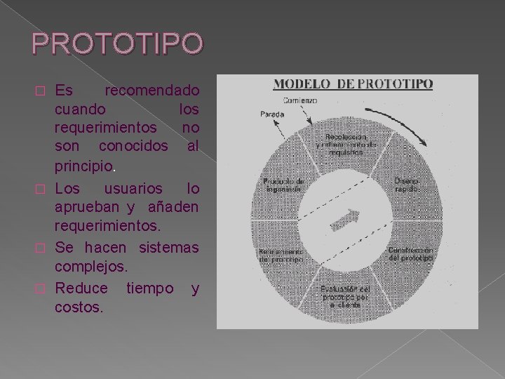 PROTOTIPO Es recomendado cuando los requerimientos no son conocidos al principio. � Los usuarios