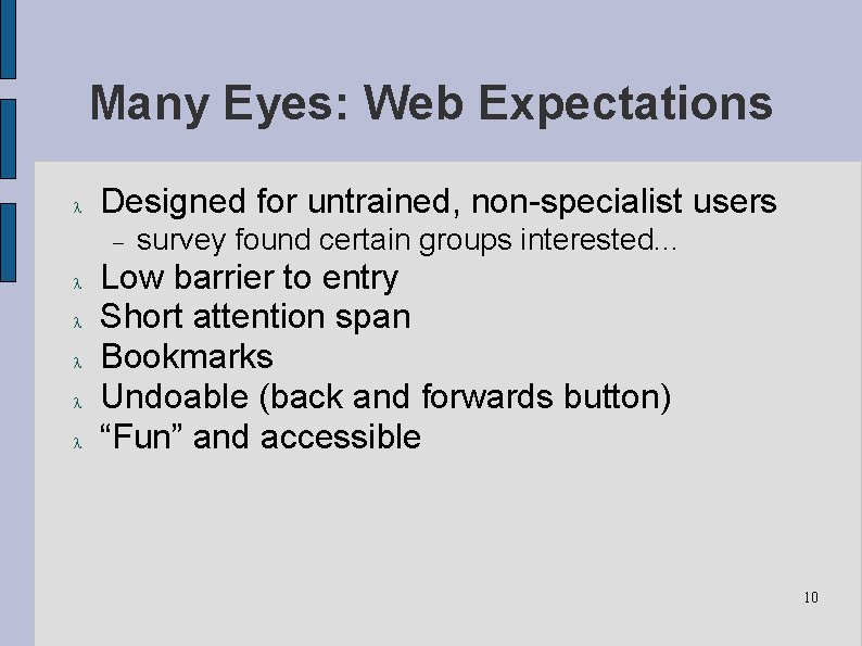 Many Eyes: Web Expectations Designed for untrained, non-specialist users survey found certain groups interested.