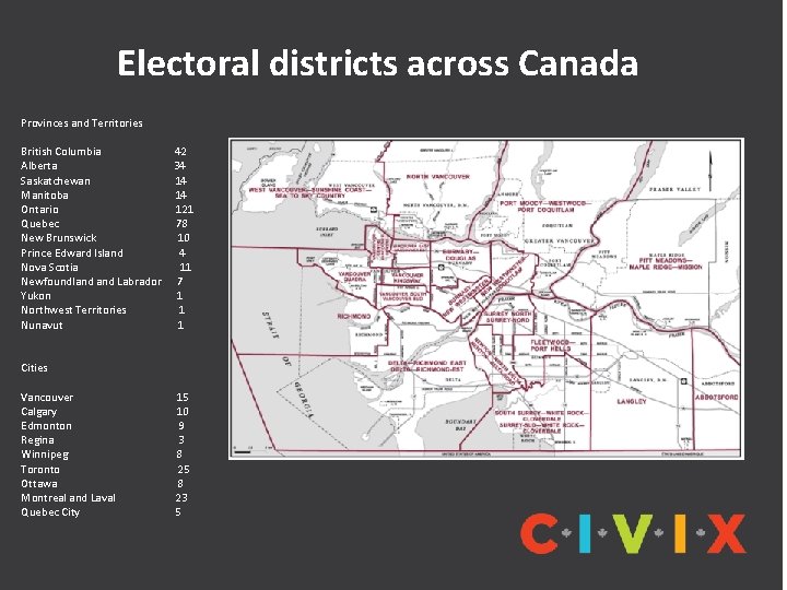 Electoral districts across Canada Provinces and Territories British Columbia Alberta Saskatchewan Manitoba Ontario Quebec