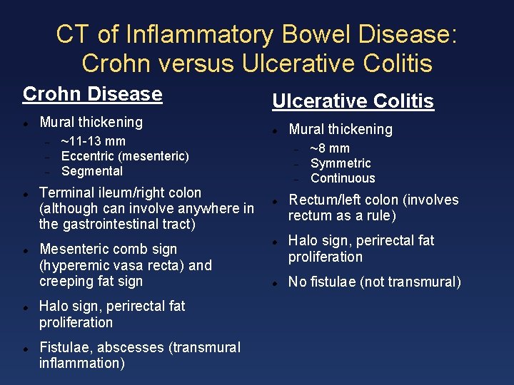 CT of Inflammatory Bowel Disease: Crohn versus Ulcerative Colitis Crohn Disease Mural thickening ~11