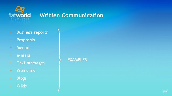 Written Communication • Business reports • Proposals • Memos • e-mails • Text messages Written Communication • Business reports • Proposals • Memos • e-mails • Text messages