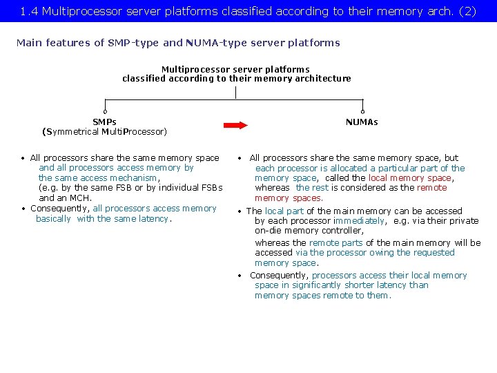 1. 4 Multiprocessor server platforms classified according to their memory arch. (2) Main features