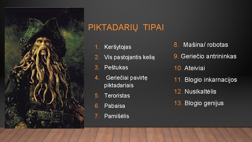 PIKTADARIŲ TIPAI 1. Keršytojas 8. Mašina/ robotas 2. Vis pastojantis kelią 9. Geriečio antrininkas