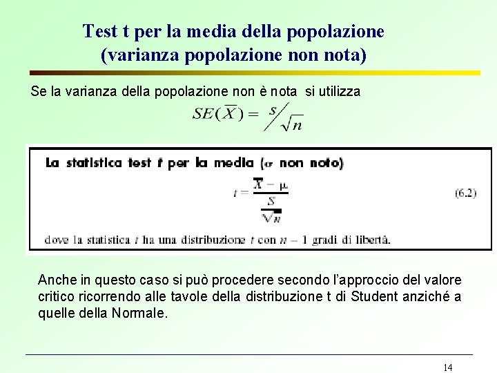 Test t per la media della popolazione (varianza popolazione non nota) Se la varianza Test t per la media della popolazione (varianza popolazione non nota) Se la varianza