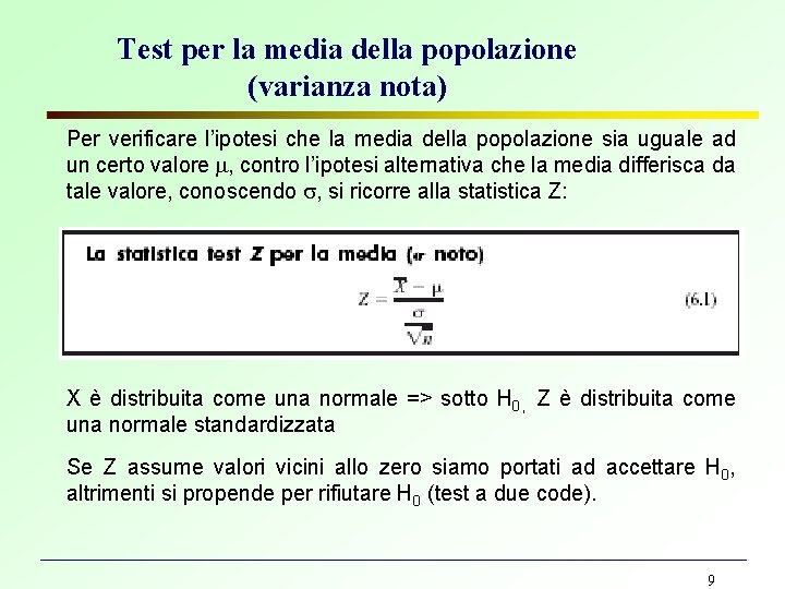 Test per la media della popolazione (varianza nota) Per verificare l’ipotesi che la media Test per la media della popolazione (varianza nota) Per verificare l’ipotesi che la media