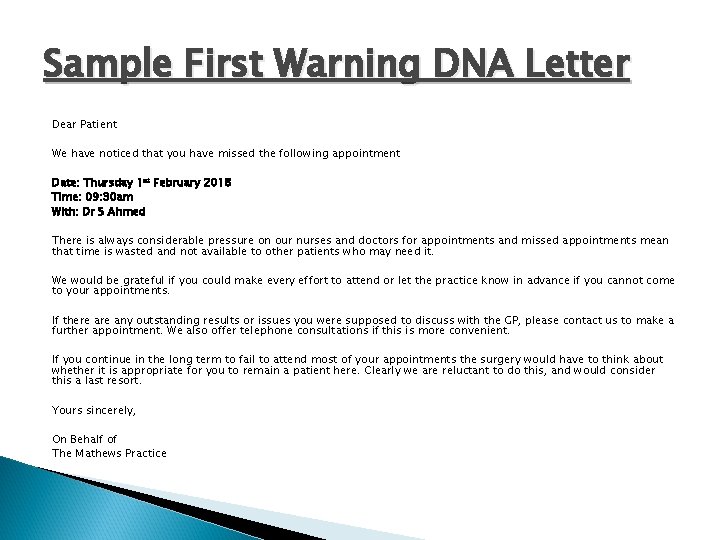 Sample First Warning DNA Letter Dear Patient We have noticed that you have missed Sample First Warning DNA Letter Dear Patient We have noticed that you have missed