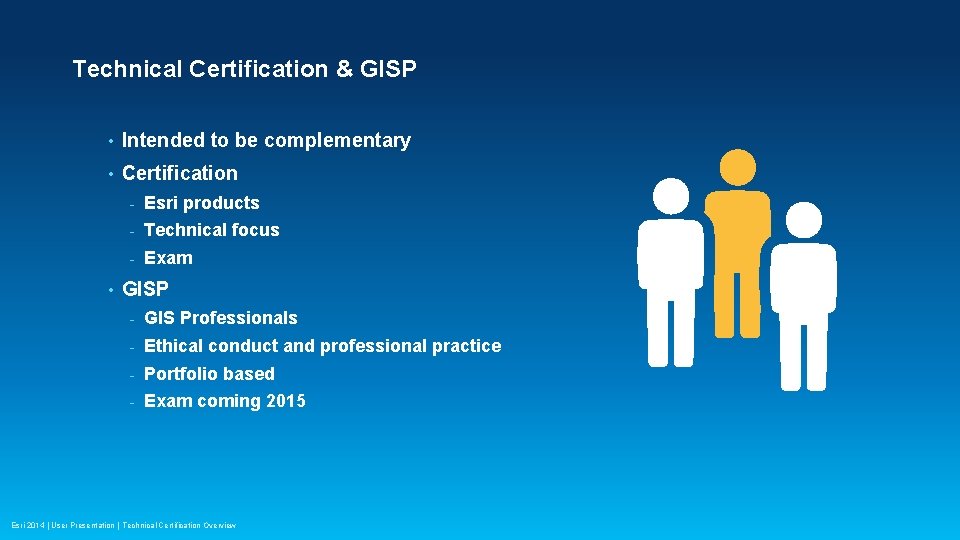 Technical Certification & GISP • Intended to be complementary • Certification • - Esri