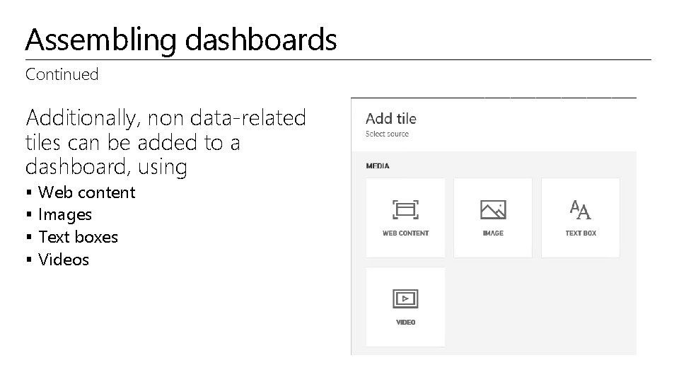 Assembling dashboards Continued Additionally, non data-related tiles can be added to a dashboard, using