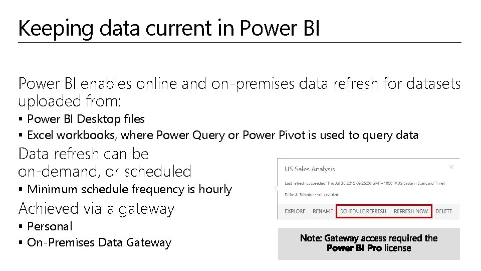Keeping data current in Power BI enables online and on-premises data refresh for datasets