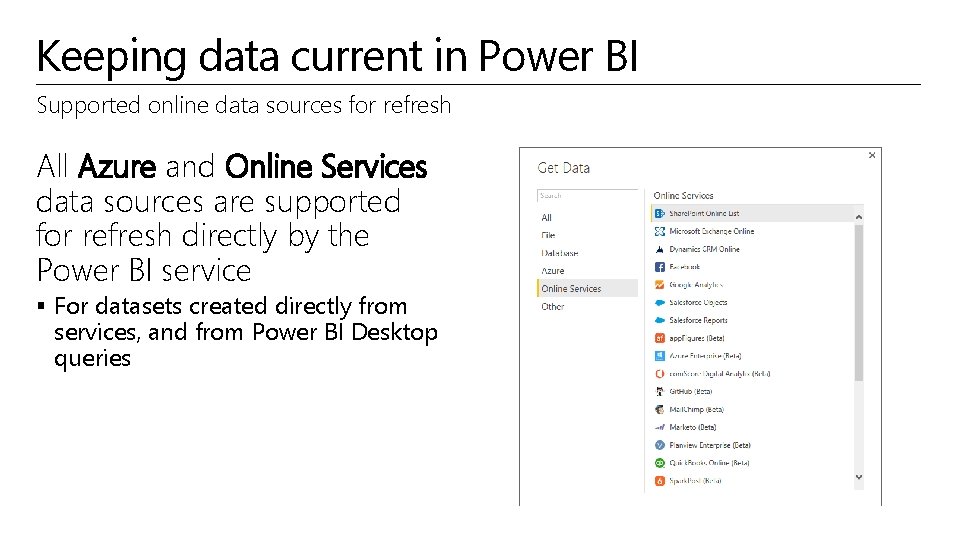 Keeping data current in Power BI Supported online data sources for refresh All Azure