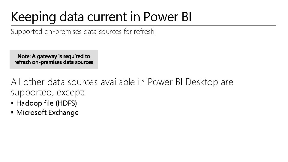 Keeping data current in Power BI Supported on-premises data sources for refresh All other