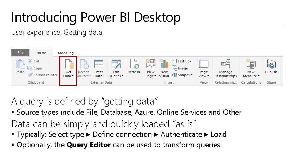 Introducing Power BI Desktop User experience: Getting data A query is defined by “getting